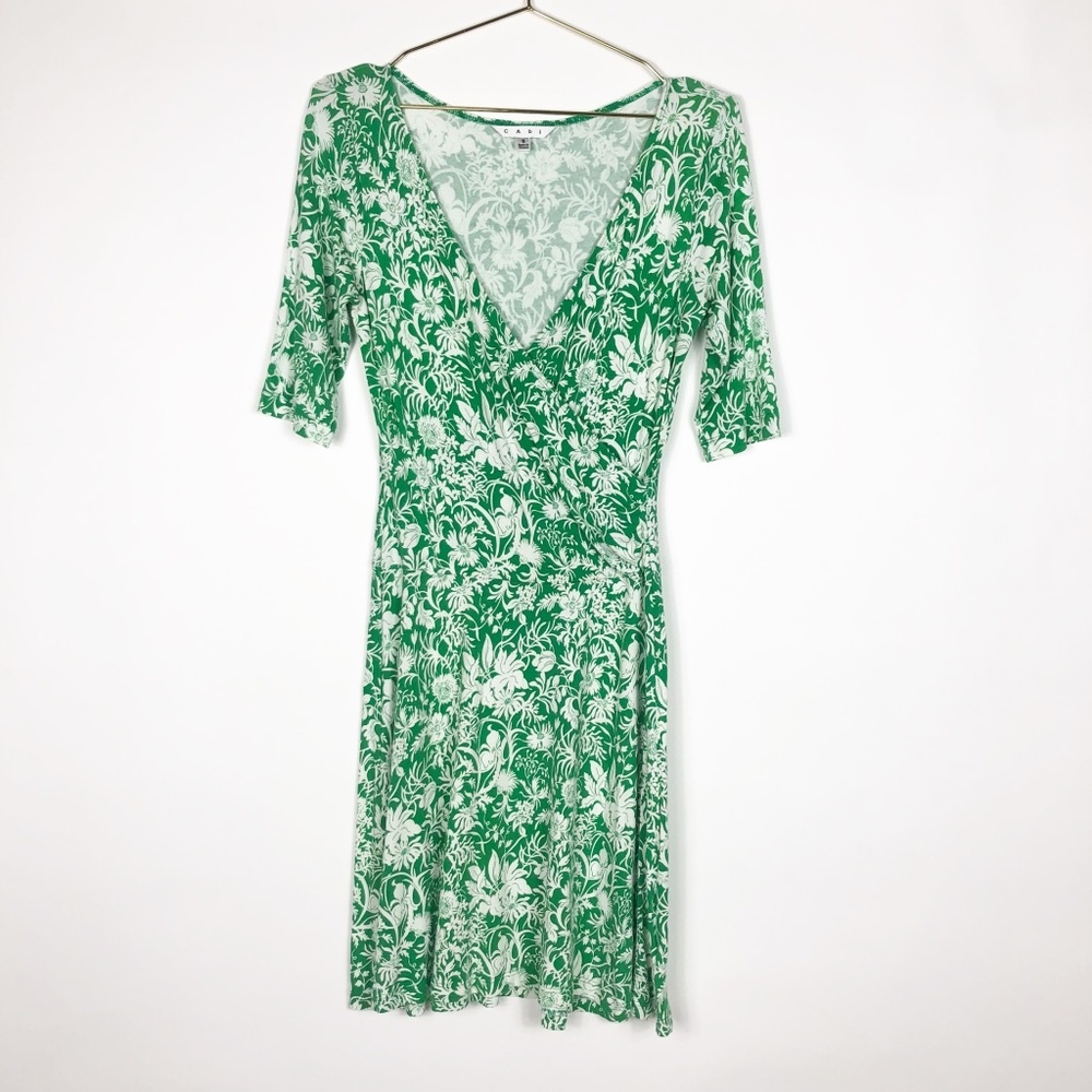 CAbi Green Floral Wrap Midi Dress